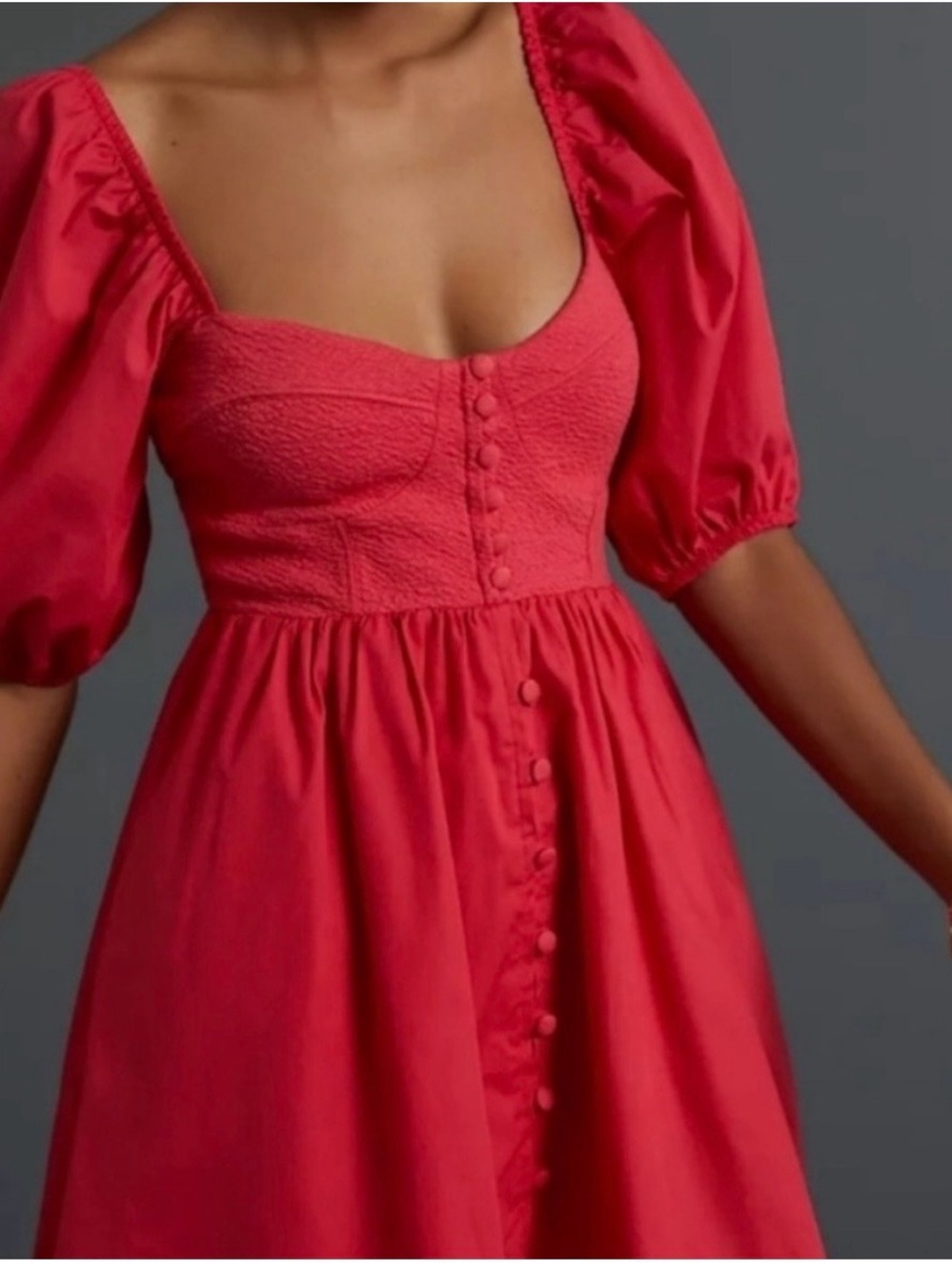 Maeve Coral-Red Puff Sleeve Button-Front Midi Dress
